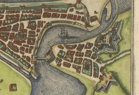 Dieppe, Antique Hand-Coloured French Coastal Town Engraving (1666), close-up 3