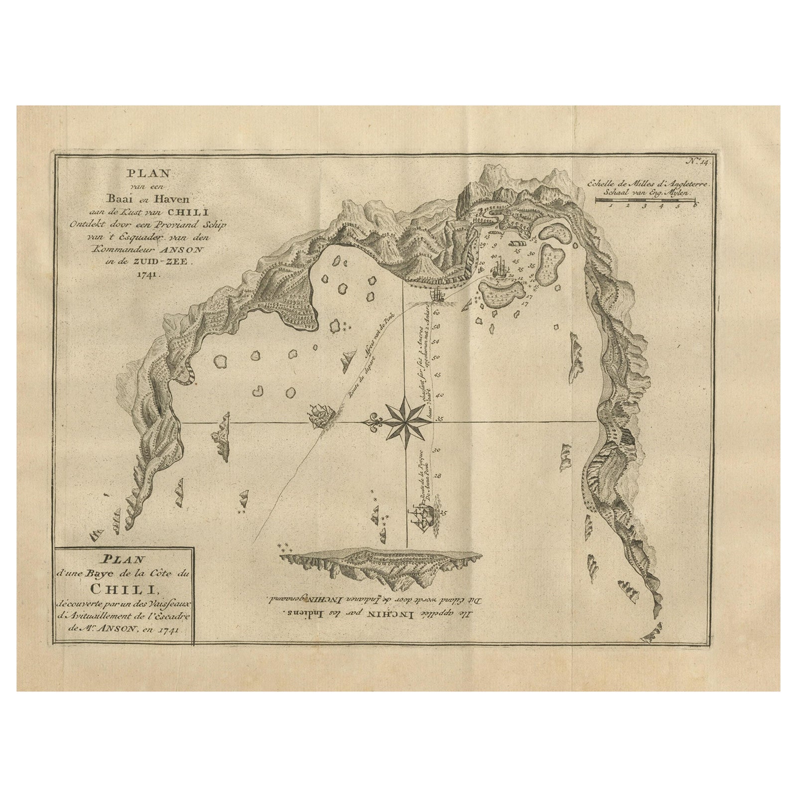 Antique Map of a Bay on the Coast of Chile, South America, c.1749