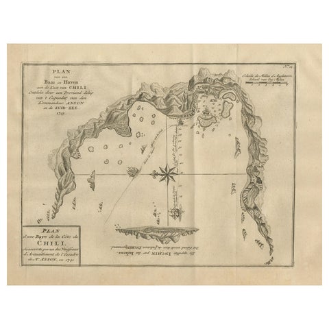 Antique Map of a Bay on the Coast of Chile, South America, c.1749