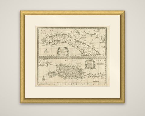 Antique Map of Cuba & Hispaniola, Caribbean Sea Chart by Bowen, 1744, shown framed