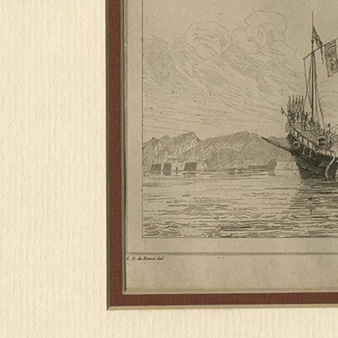 Antique Print of a Chinese Sailing Ship, 1840, close-up 1