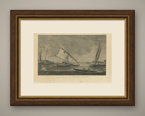 Antique Print of Various Vessels of the Friendly Islands by Cook, 1803, shown framed