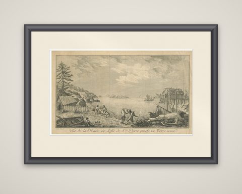 View of the Harbor of St Pierre, Newfoundland, Early French Coastal Engraving, shown framed