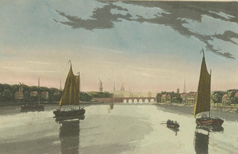 Antique View of Amsterdam with Sailing Boats, Hand-Colored Print c.1818, close-up 2