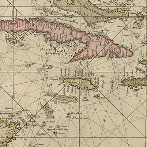 Engraving of a Map of Florida, the Gulf Coast, Caribbean & Central America, 1728, close-up 2