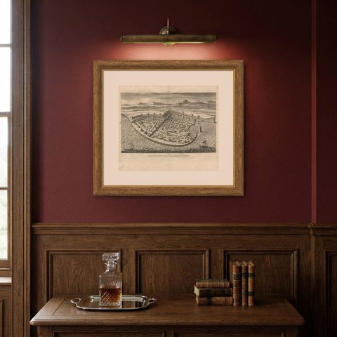 Antique Print of the City and Port of Ptolemais in Phoenicia by A. Calmet, 1725, shown framed on a wall