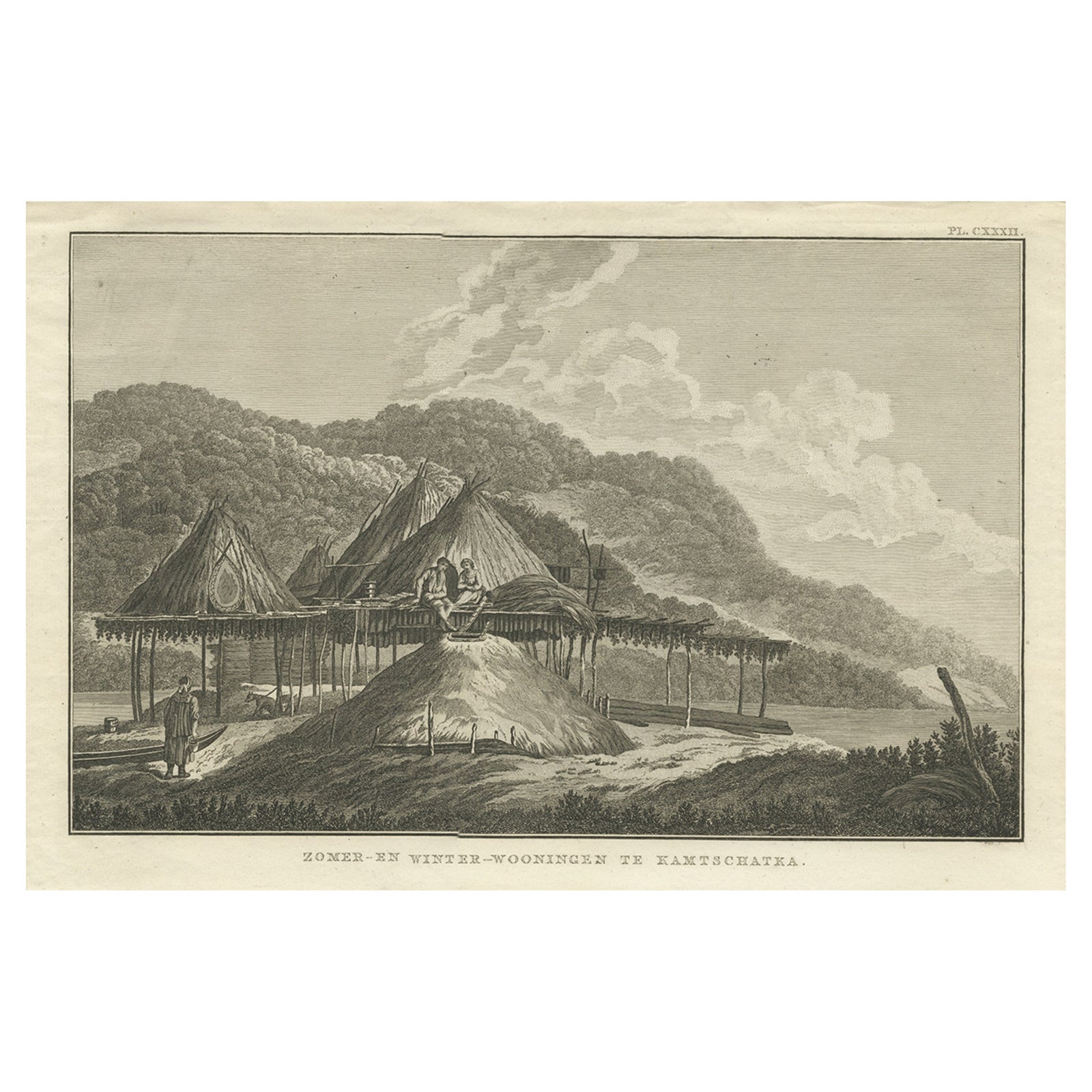 Summer & Winter Houses, Kamchatka, Cook Voyage Engraving c.1803