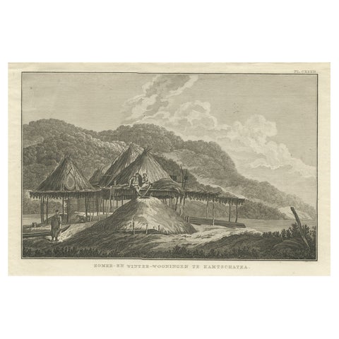 Summer & Winter Houses, Kamchatka, Cook Voyage Engraving c.1803