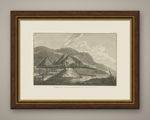 Summer & Winter Houses, Kamchatka, Cook Voyage Engraving c.1803, shown framed