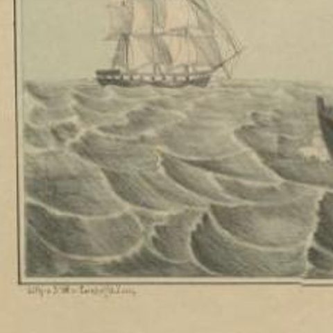 Antique Print of Ships and a Rowing Boat in Old Handcoloring, circa 1880, close-up 1