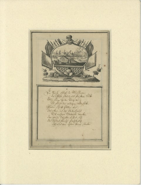 18th-Century German Engraving, Allegory of War, Poem & Naval View, view 6