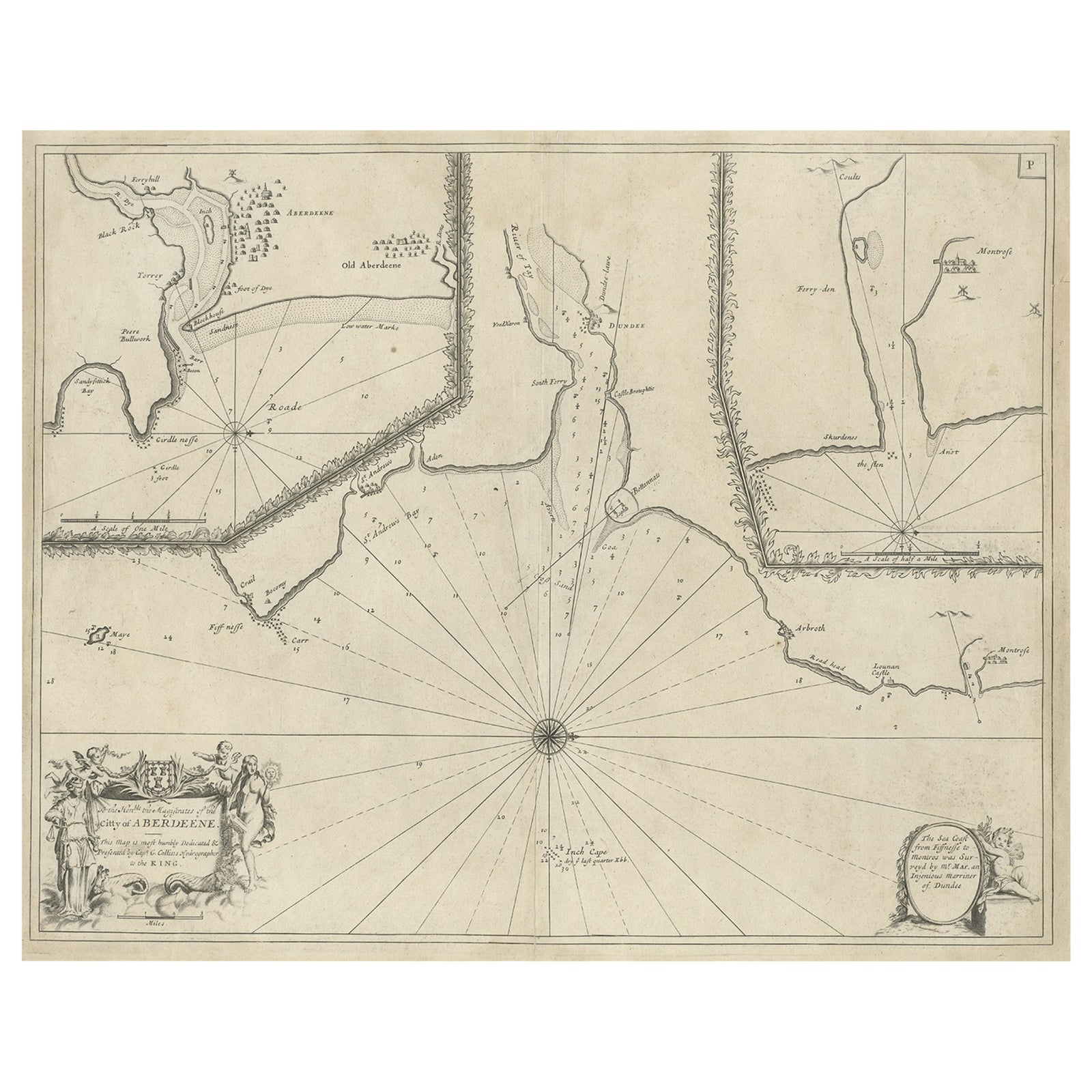 Antique Chart of Dundee, Aberdeen and Montrose in Scotland, C.1774