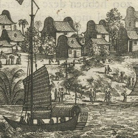 Antique Print of Chinese Vessels Near Lantam, China, 1665, close-up 2