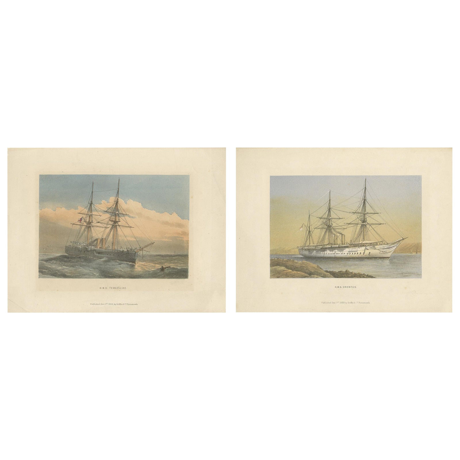 Set of 2 Antique Prints of HMS Ships by Griffin & Co, 1880