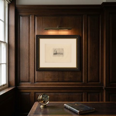 Antique Great Yarmouth Fishing Boats Maritime Etching by E.W. Cooke, 1828, shown framed on a wall