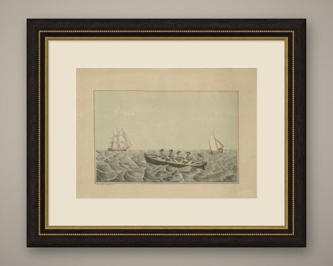 Antique Print of Ships and a Rowing Boat in Old Handcoloring, circa 1880, shown framed