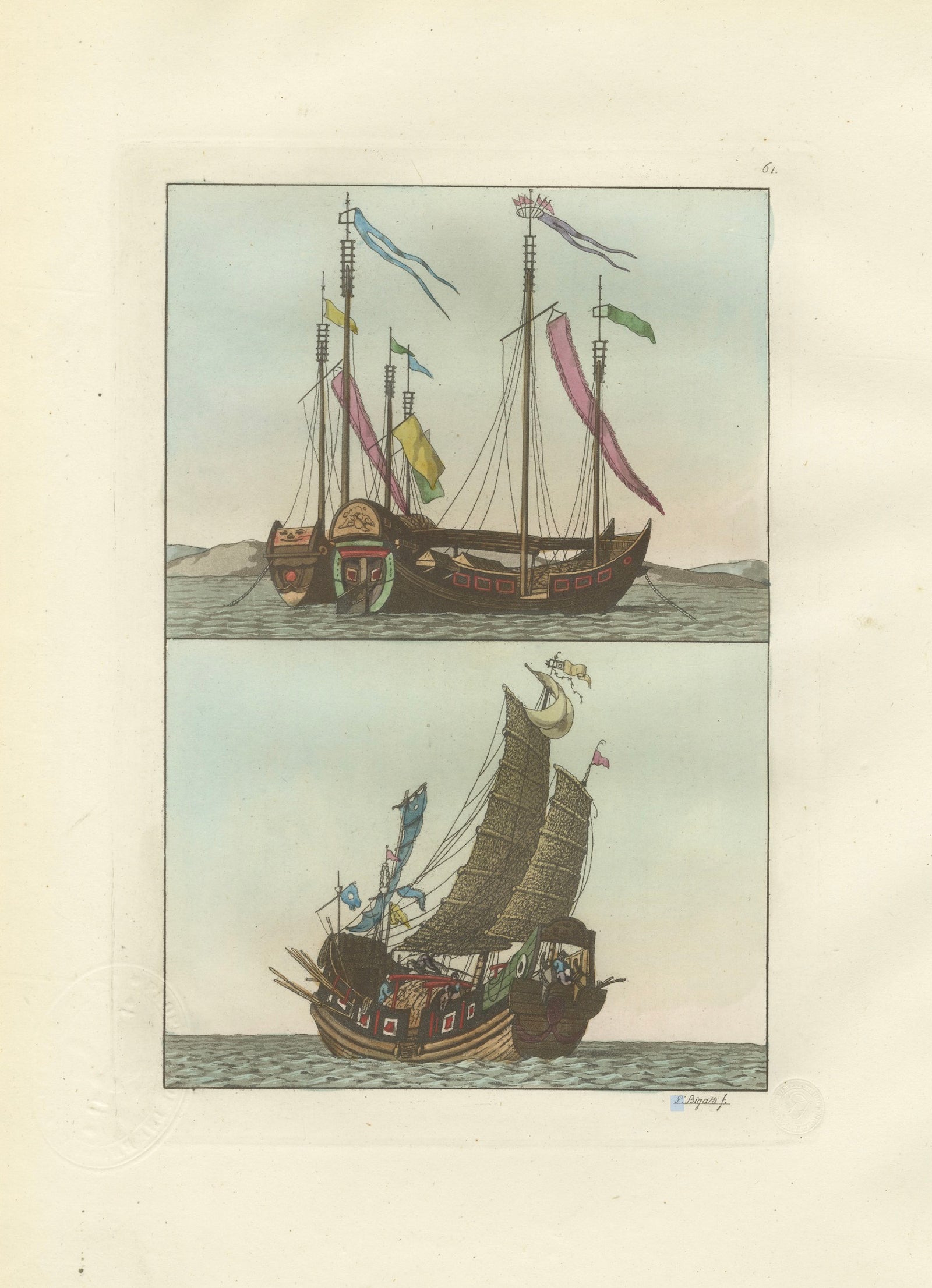 Chinese Junks and Sailing Vessels, Ferrario Il Costume Antico e Moderno, 1815