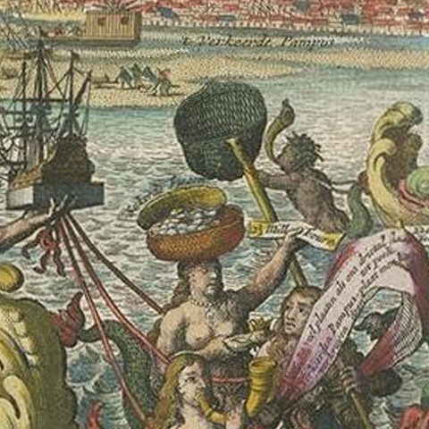 Antique Satirical Print showing Mermaids about the Port of Enkhuizen, circa 1720, close-up 1
