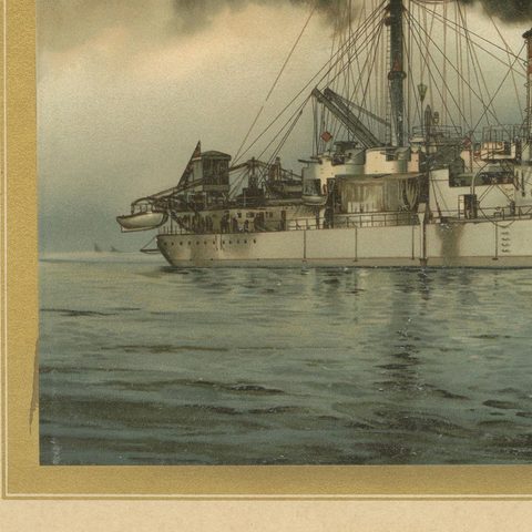 SMS Württemberg: German Coastal Defense Ship in Chromolithograph by Hugo Graf, close-up 4