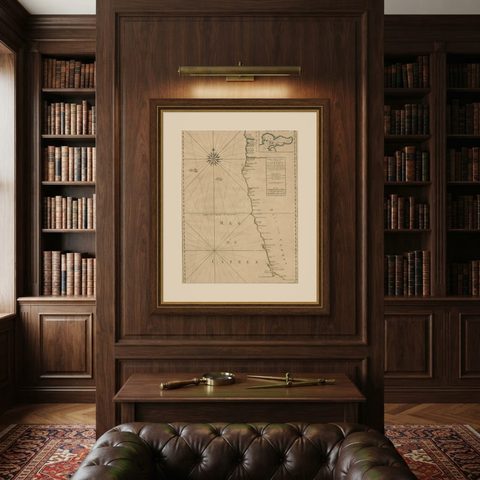 Old Map of the Namibia and South Africa Coasts & Inset of Saldanha Bay, ca.1700, shown framed on a wall