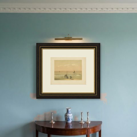 Antique Print of Local Vessels in the Sunda Strait in Indonesia, 1888, shown framed on a wall