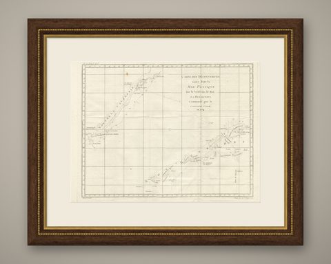 Antique Chart of the Voyage of Captain Cook by Benard, 1780, shown framed