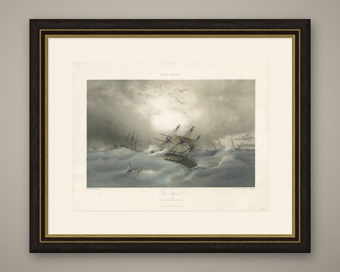 Antique Ship Print 'Le Sufren' by Durand-Brager, circa 1850, shown framed