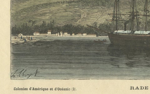 Rade de Taïti: 1883 Hand-Colored Engraving of Tahiti Harbor, La France Illustree, close-up 3