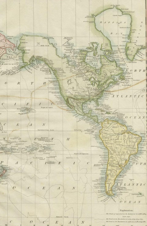 Attractive Antique Map of the World as Planisphere, Shows Cook's Voyages, 1799, close-up 3