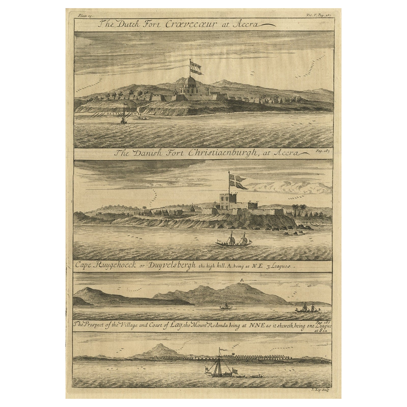 Rare Engraving of Dutch and Danish Forts on the West African Gold Coast, 1744