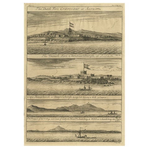 Rare Engraving of Dutch and Danish Forts on the West African Gold Coast, 1744
