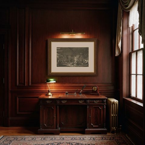 Interior of a Nootka House, Vancouver Island, Cook Voyage Engraving c.1795, shown framed in a room