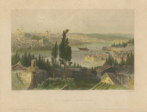 Bosporus Harbor View from Pera, Istanbul Arsenal, Antique Bartlett, c.1839, close-up 1