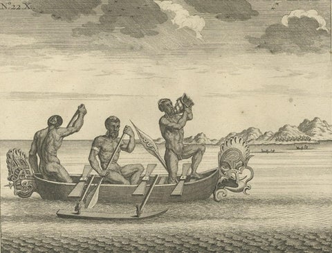 Old Print of VOC Ships & Native Fisherman and Coastal Views of New Guinea, 1726, close-up 2