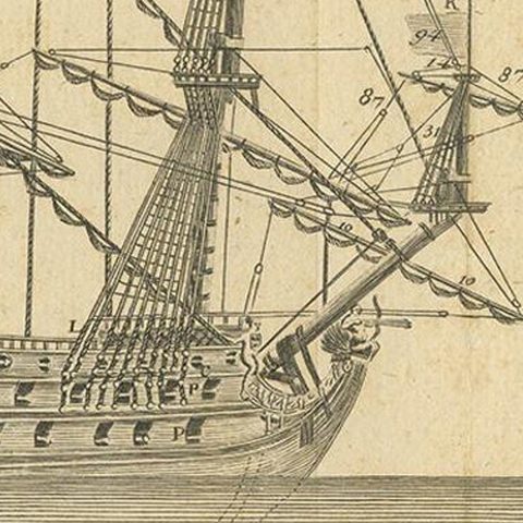 Antique Print of a Three-Masted Man-of-War, circa 1770, close-up 1