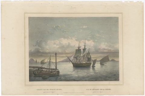 Old Print of Ships near Anyer & Krakatoa in the Sunda Straits, Indonesia, 1844, view 2