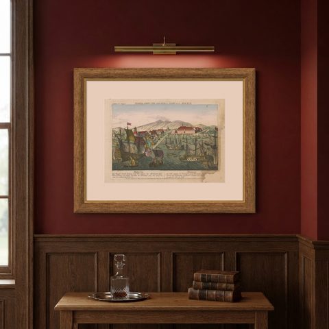 Antique Print of the Harbour of Batavia by Probst, c.1760, shown framed on a wall