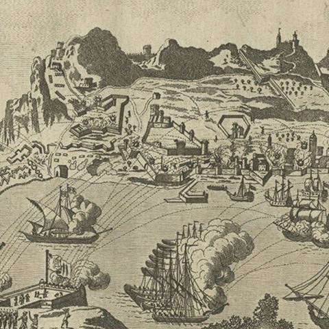 Antique Print of Gibraltar Showing the Spanish and English Fleet, 1782, close-up 3