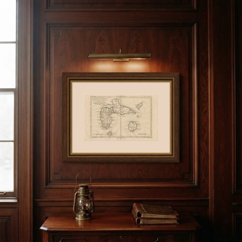 Antique Map Guadeloupe & Marie Galante, Rigobert Bonne Caribbean Chart c1780, shown framed on a wall