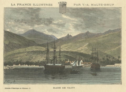 Rade de Taïti: 1883 Hand-Colored Engraving of Tahiti Harbor, La France Illustree, close-up 2