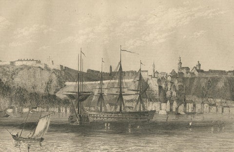 Antique View of Quebec City from the Water, Canadian Harbour Scene, c.1850, close-up 2