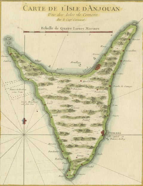 Anjouan Island, Comoros, French Naval Sea Chart by Bellin, c.1765, close-up 4