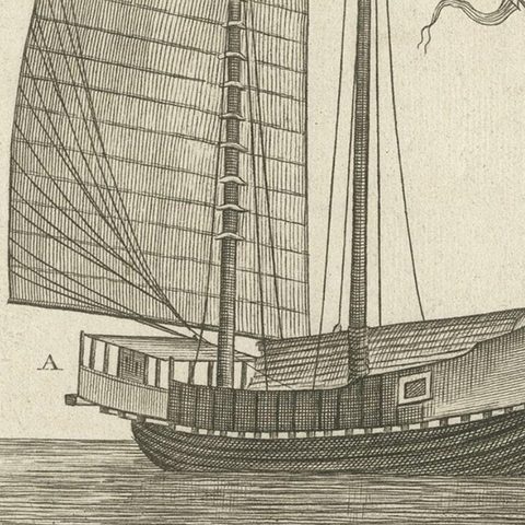 Antique Original Engraving of Chinese Vessels in the 18th Century, 1765, close-up 1