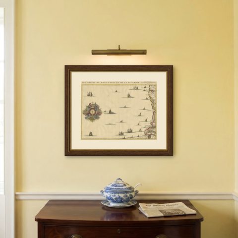 Antique Map of the French Coast at Boulogne and Picardy, shown framed on a wall