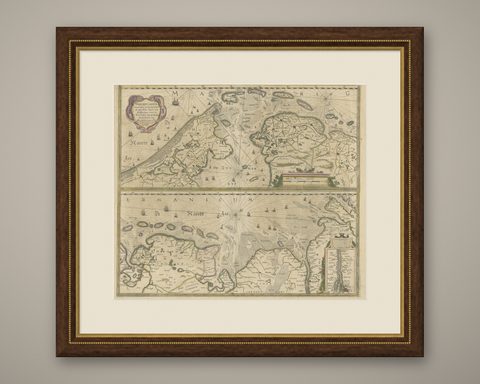 Two Original Antique Engravings with the Dutch and German North Sea Coast, c1650, shown framed