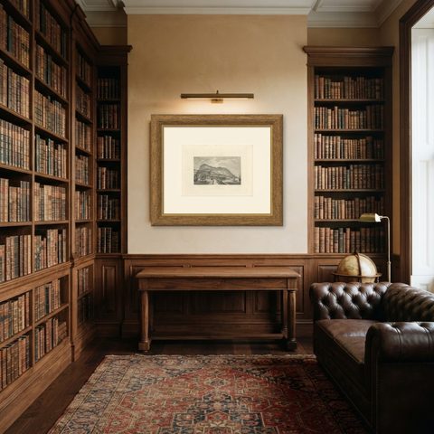 Antique Print of the Harbour of Gibraltar by S. Davenport, circa 1840, shown framed in a room