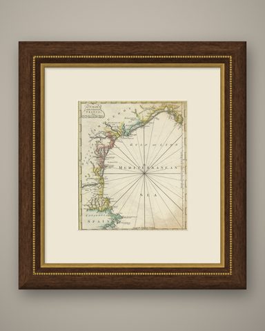 Antique Map of the Coast of Southern France, 1793, shown framed