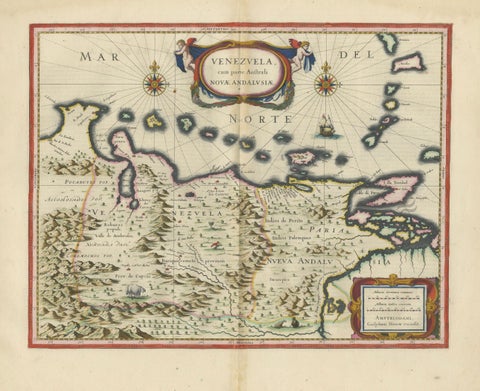 Blaeu Venezuela Map, Decorative Caribbean & Nueva Andalusia Chart 1642, close-up 1