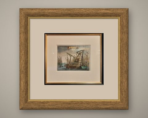 Antique Framed Print of the Ship Cranes of Amsterdam, The Netherlands, 1693, shown framed