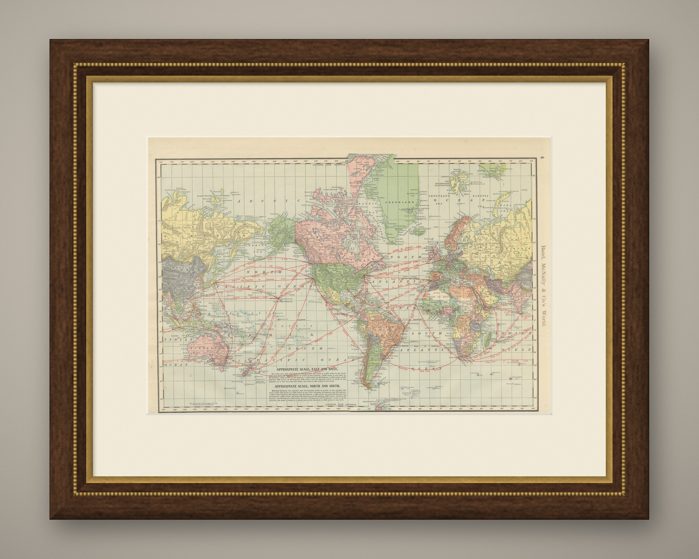 Antique Map of the World, with Steamship Routes, Rand McNally, 1899, shown framed